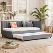 Divano letto imbottito con letto estraibile 90x200 cm; rivestimento effetto velluto grigio