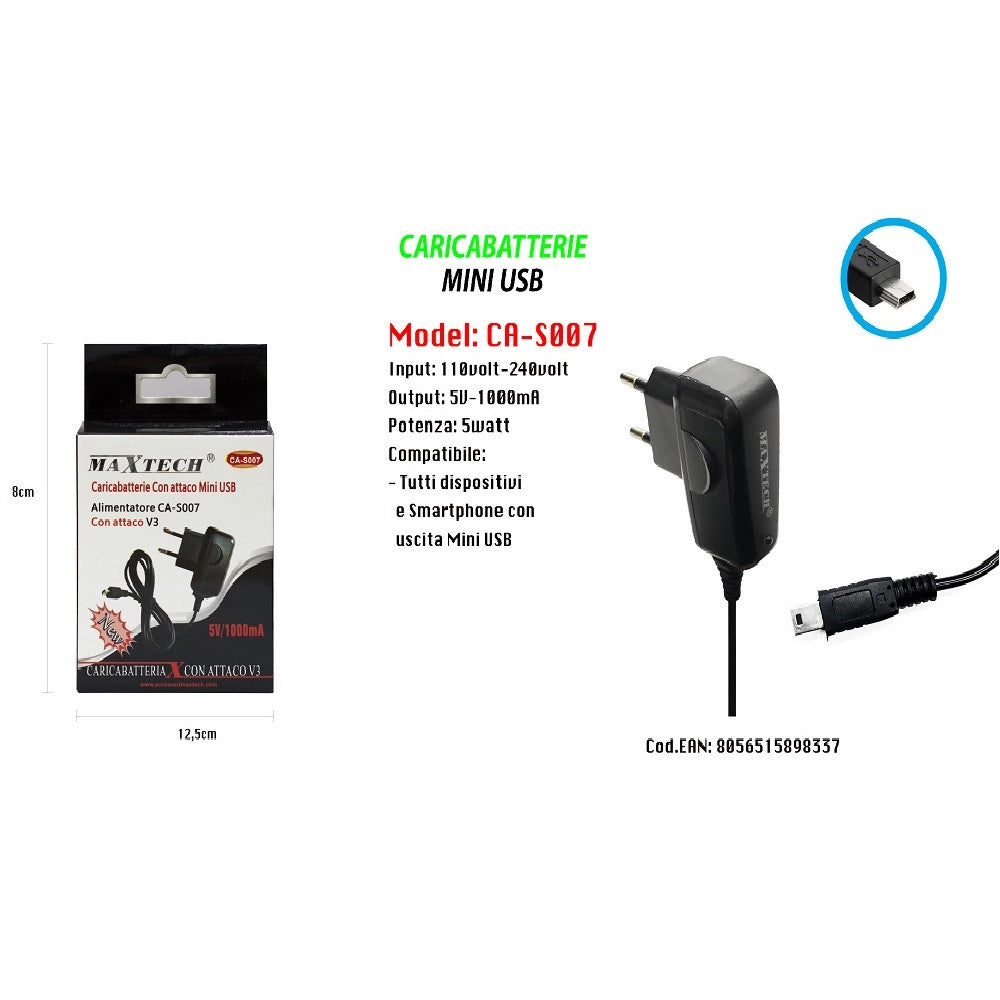 Trade Shop - Caricabatterie Con Attacco Mini Usb V3 Per Smartphone Uscita Mini Usb Maxtech Ca-s007 -