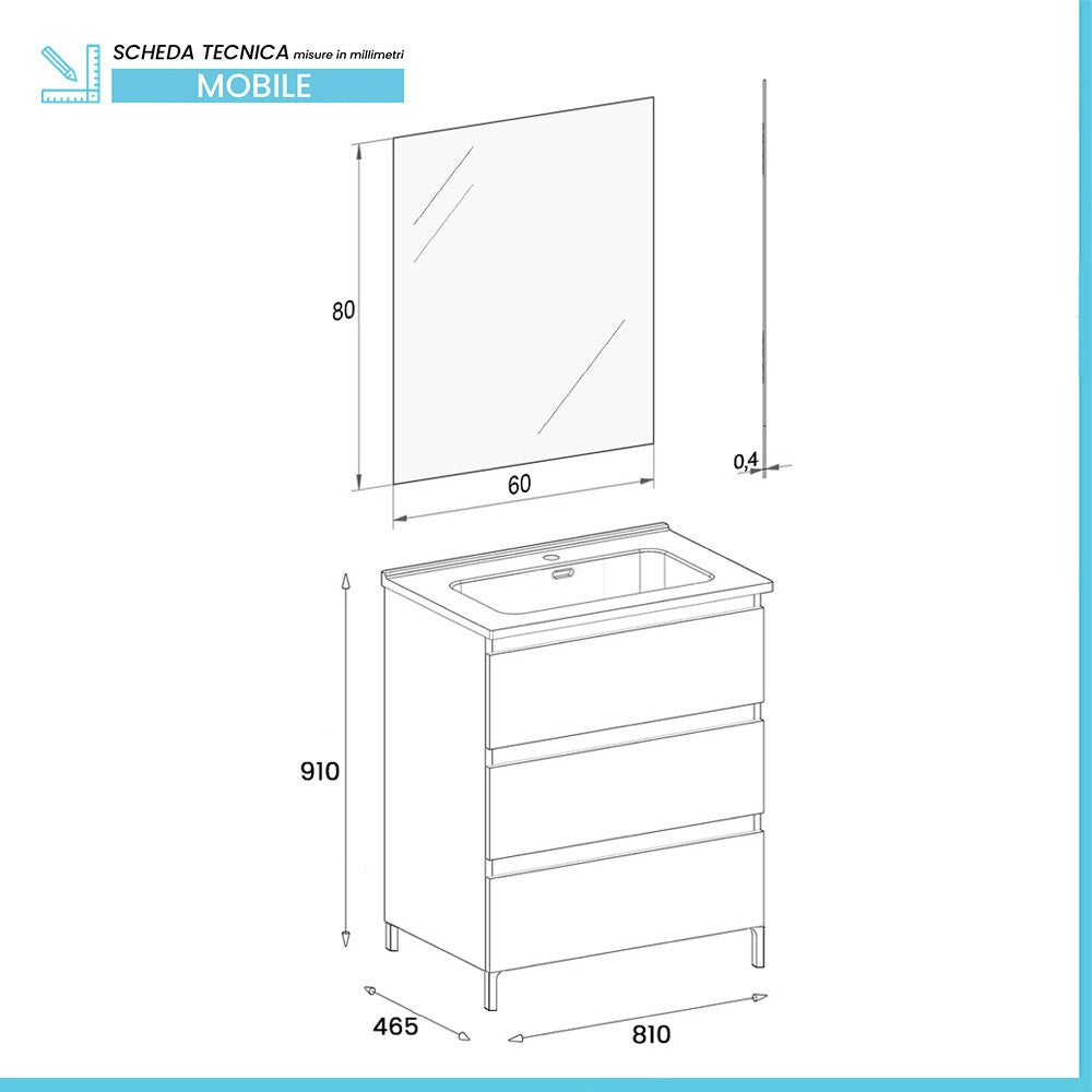 Mobile bagno a terra 80 cm in quercia naturale con lavabo e specchio Leda
