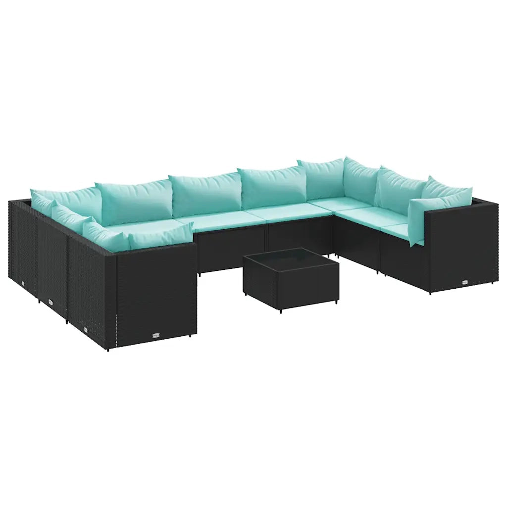 Set Salotto da Giardino 10pz con Cuscini in Polyrattan Nero