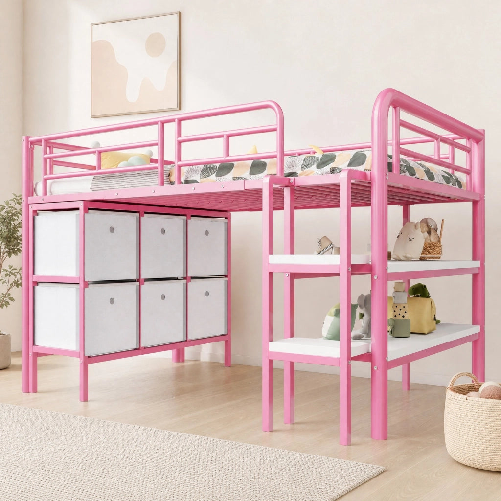 Letto a soppalco basso per bambini 90x200 cm in metallo e MDF rosa con scale larghe, cassetti e ripiani