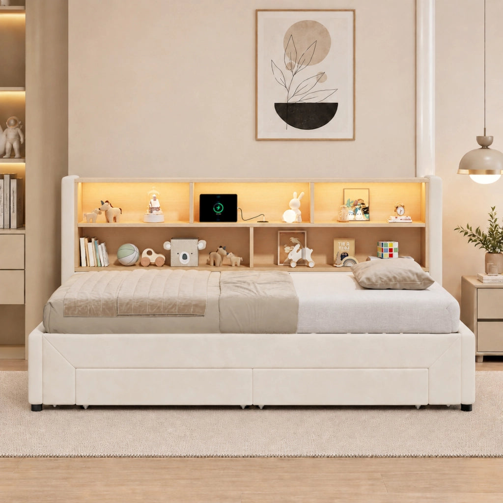 LETTO Estraibile 90x200 cm Velluto Beige con cassetti, USB e LED