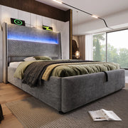 LETTO Contenitore 90x200 cm in Lino Grigio con LED e porte USB/Type-C