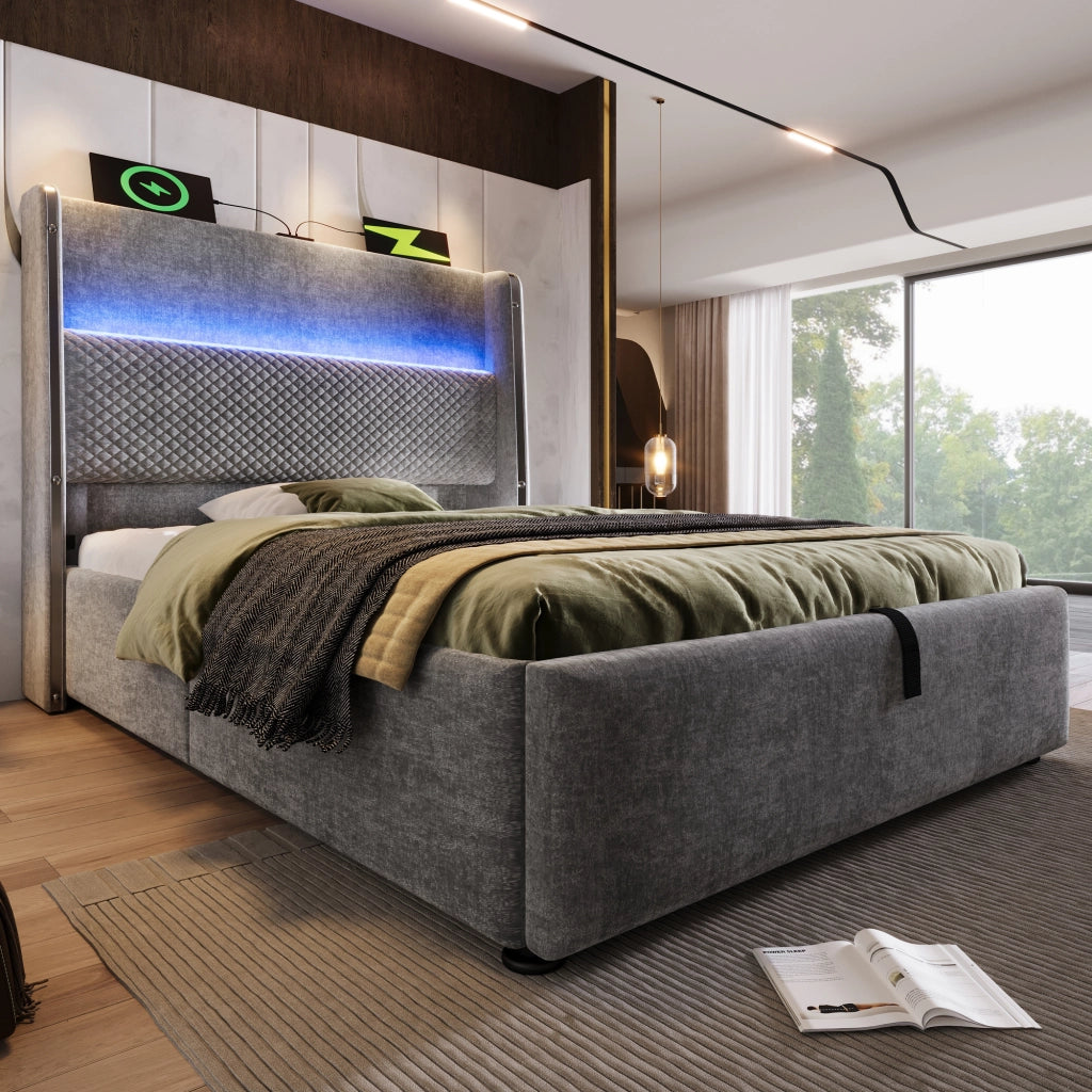 LETTO Contenitore 90x200 cm in Lino Grigio con LED e porte USB/Type-C