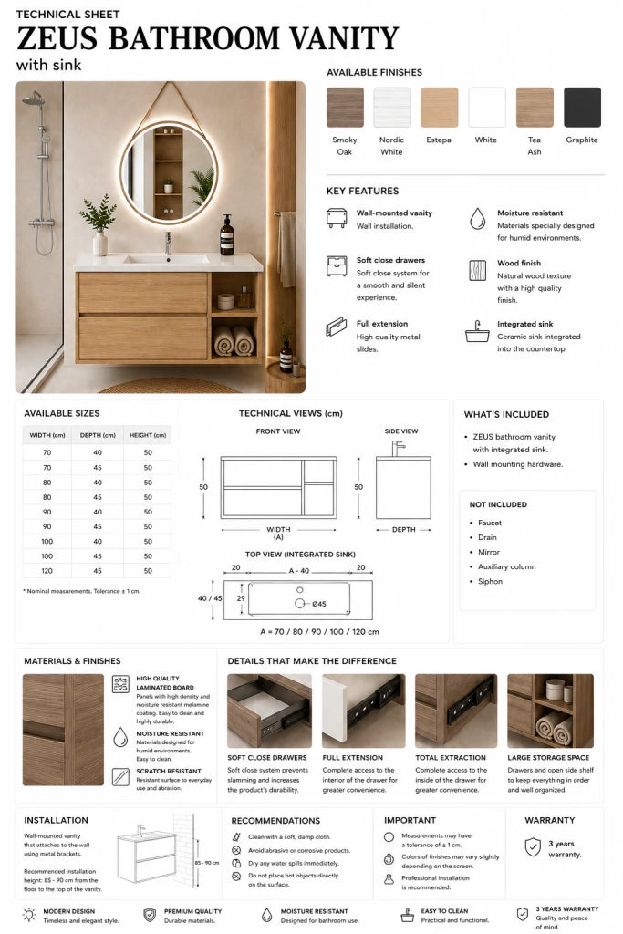 Mobile bagno con lavabo ORIGENBATH ZEUS senza specchio 70x40 cm Destra estepa