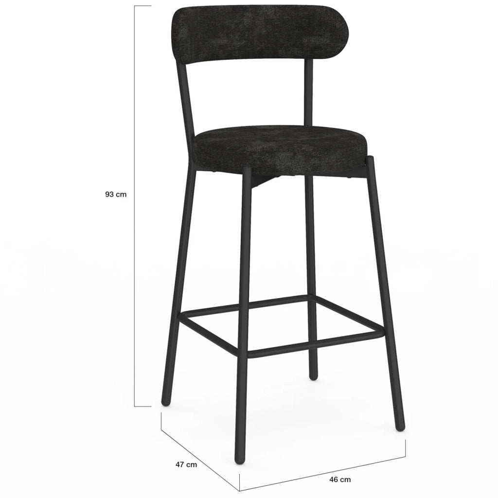 IDMarket - Set di 4 sgabelli da bar MIKI con schienale curvo in tessuto chenille nero e gambe in metallo nero