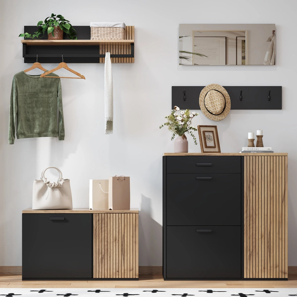 Set da ingresso a 5 pezzi con 2 mobili, specchio, mensola e 4 ganci, colore naturale e nero