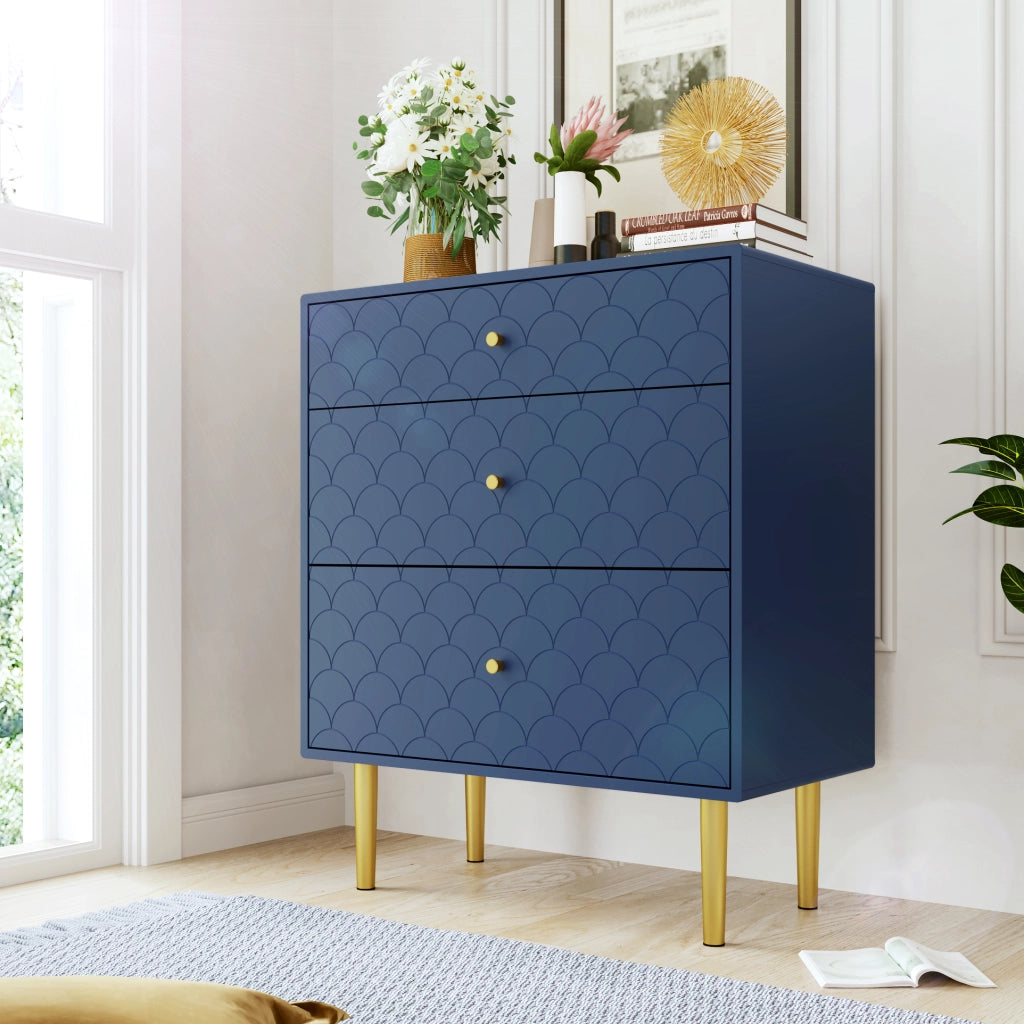 COMODA a 3 cassetti 75x40x89 cm Blu navy con gambe color champagne