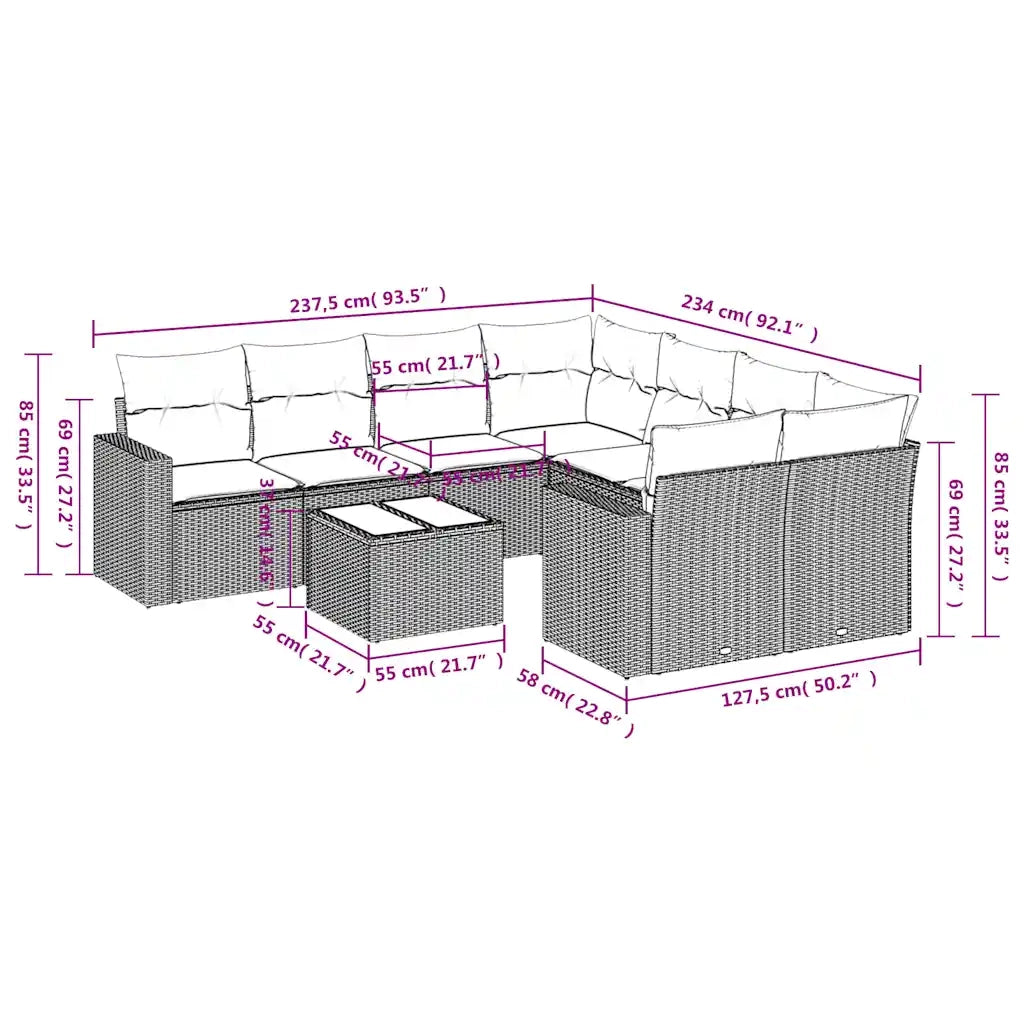 Set Divani da Giardino 9pz con Cuscini Marrone in Polyrattan 3218753