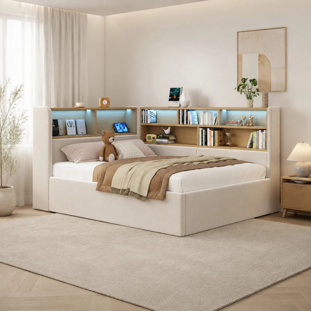 LETTO 90x200 cm con contenitore idraulico in velluto beige, LED, USB e USB-C