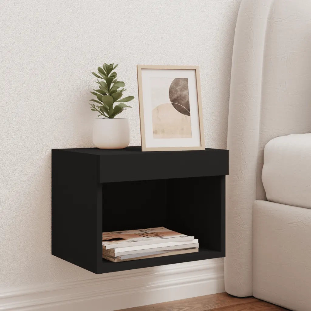 Comodino | Armadio da Notte | Mobiletto da notte con Luci LED a Parete Nero