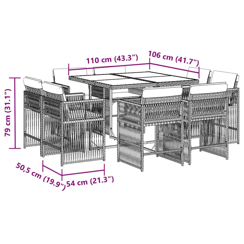 Set da Pranzo da Giardino 9 pz con Cuscini in Polyrattan Grigio
