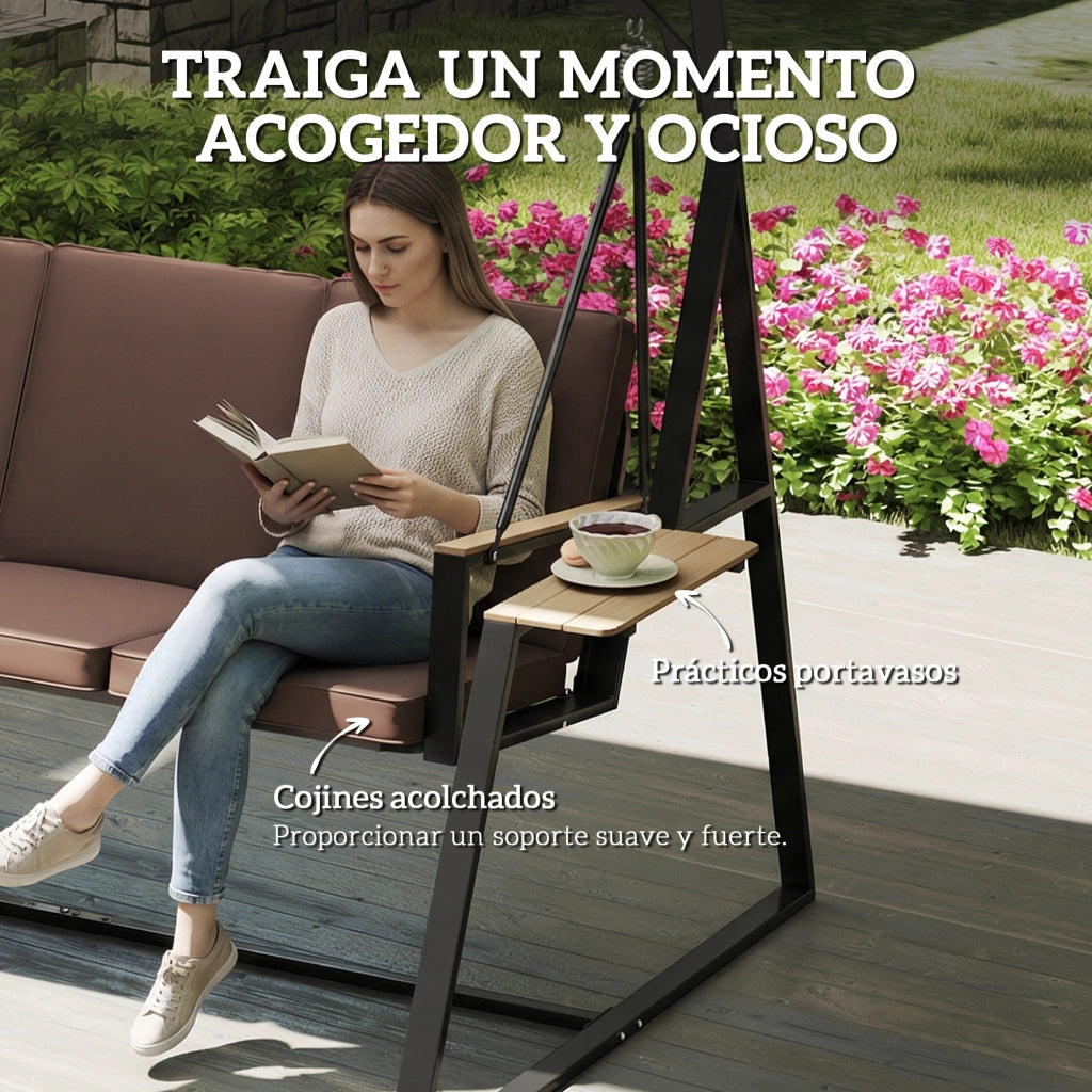 Dondolo da Giardino 3 Posti con Cuscini e Tetto ¨C zephmum ¨C Marrone