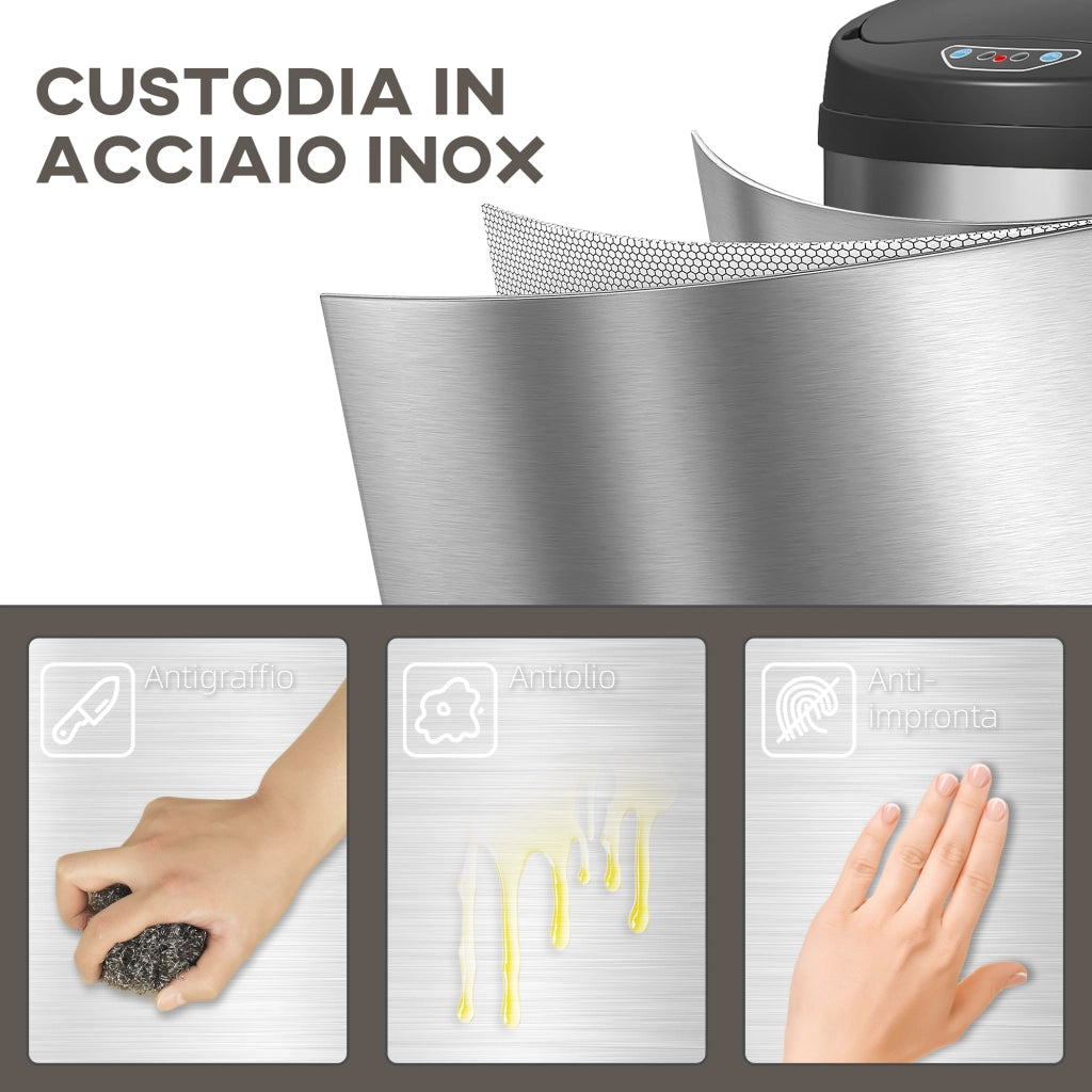 Cestino Spazzatura con Sensore e Apertura Automatica ¨C Minimal ¨C 30.5x30.5x68 cm Nero e Argento