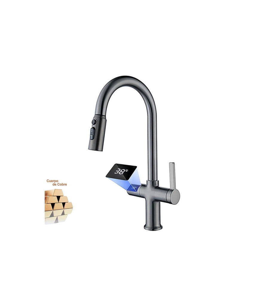 Rubinetto Cucina Display LED Temperatura LH-232 | Rame Massiccio | Estraibile | Monocomando e 3 Modi Acqua
