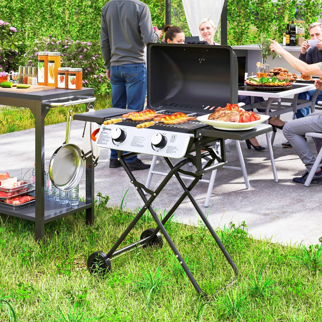 Barbecue a Gas Portatile con 2 Bruciatori e 2 Tavolini, Coperchio con Termometro e Ruote, Nero