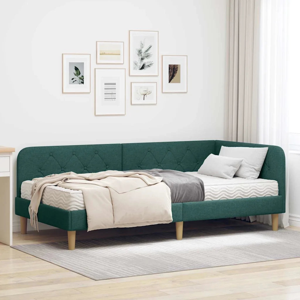 Cornice del letto ad angolo Verde Scuro 90 x 190 cm Tessuto