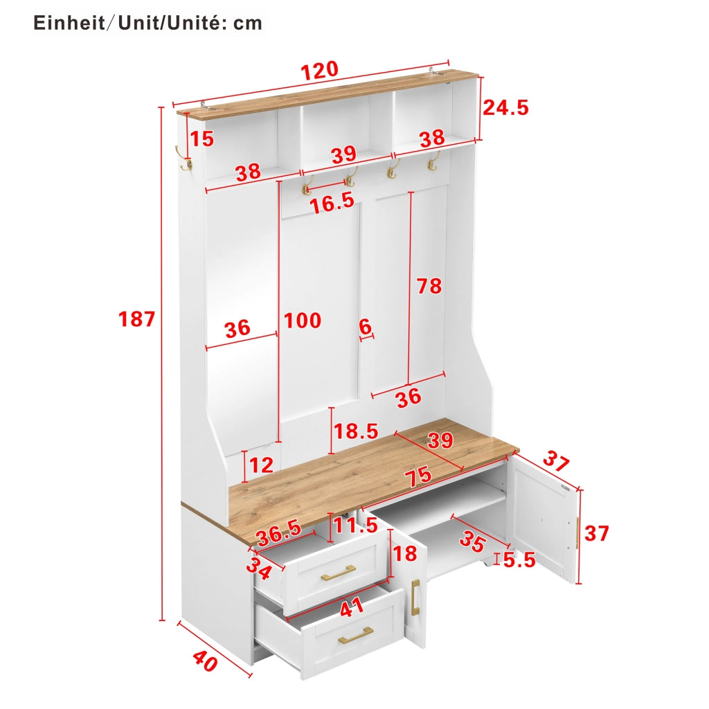 Armadio guardaroba da ingresso con scarpiera, specchio, LED, ganci e cassetti 120x40x187 cm bianco effetto legno