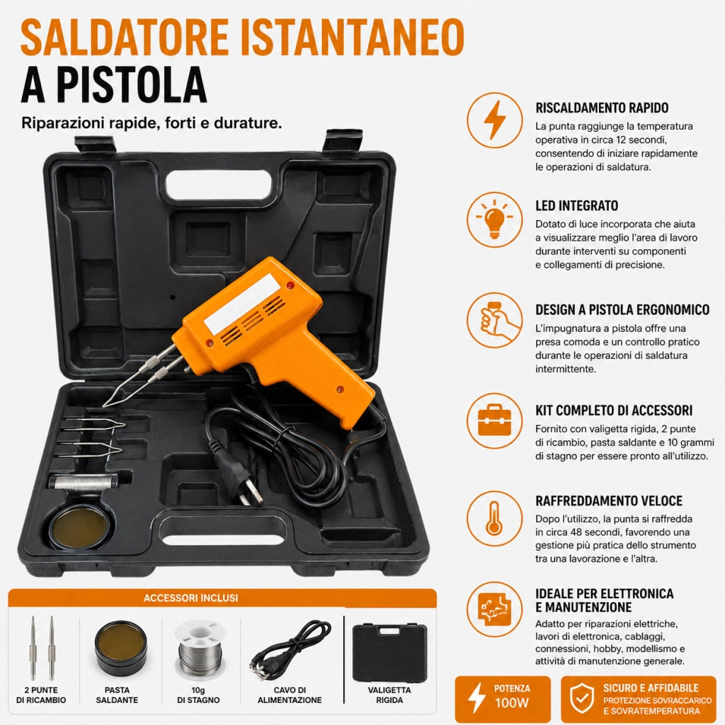 Saldatore Istantaneo a Pistola 100W con LED e Accessori P701301