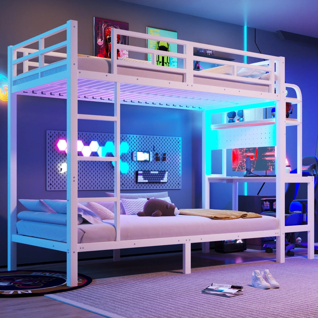LETTO a castello 90x200 cm Metallo e MDF Bianco con scrivania e LED