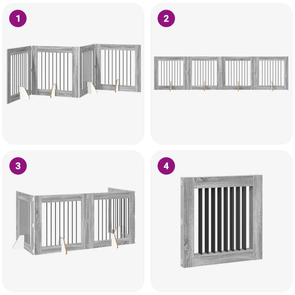 Cancello per cani pieghevole con supporti 4 pz Sonoma grigio 892082