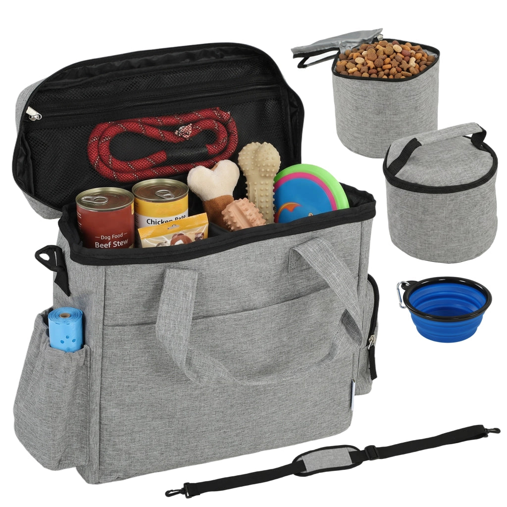 Borsa da Viaggio per Cani con 2 Contenitori per Cibo e Ciotola Pieghevole ¨C Minimal ¨C Grigio Chiaro