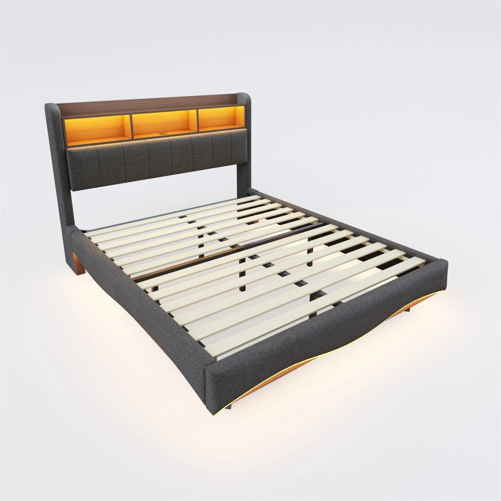 LETTO Imbottito 140x200 cm Grigio con LED, USB, Type-C e vano testiera