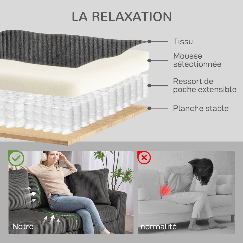Divano 3 posti velluto a coste ¨C Xylo ¨C grigio scuro con 2 cuscini e molle 212 cm