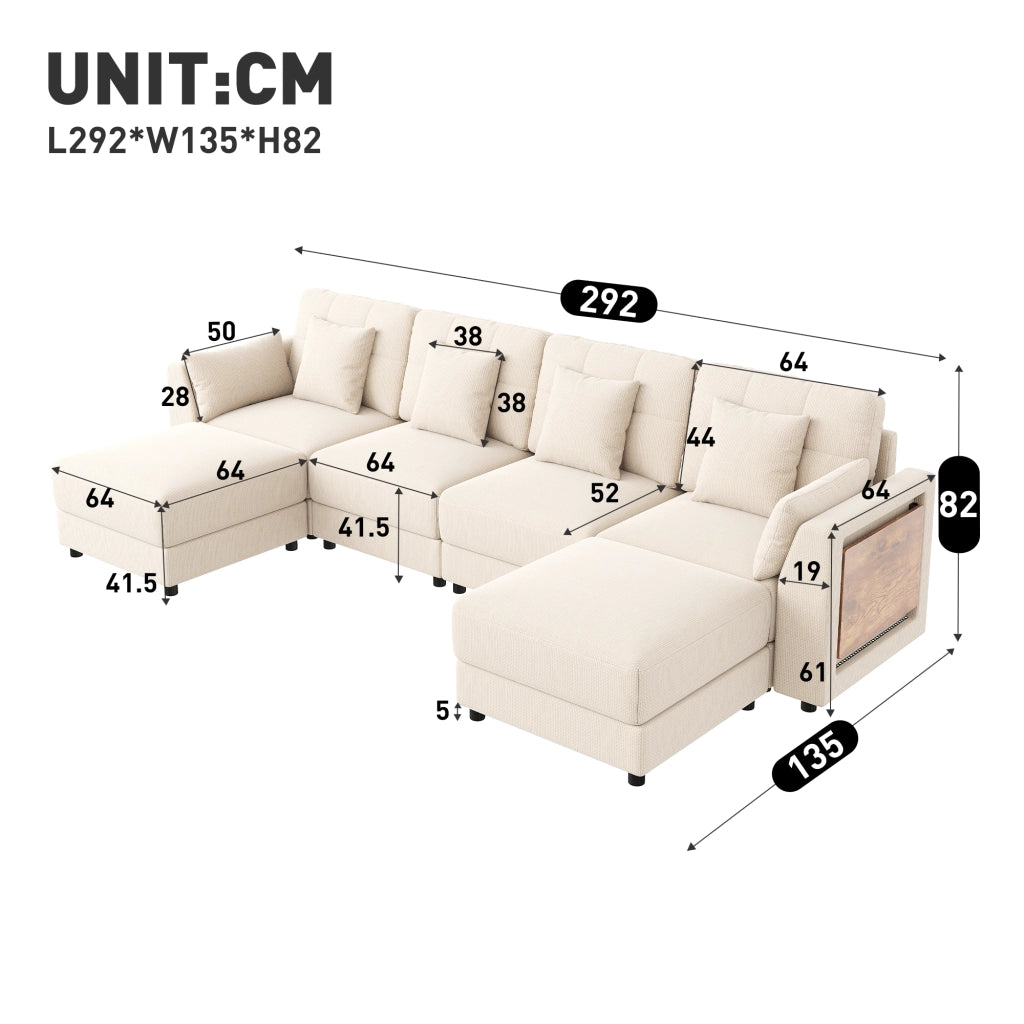 DIVANO Modulare U/L 292x135x82 cm Chenille Beige con 2 Hocker