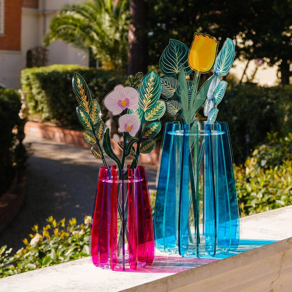 VASO GRANDE IRIDE IN VETRO TRASPARENTE E CRISTALLO ACRILICO COLORE BLU