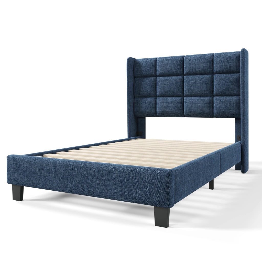 LETTO Imbottito 90x200 cm in lino blu con rete a doghe