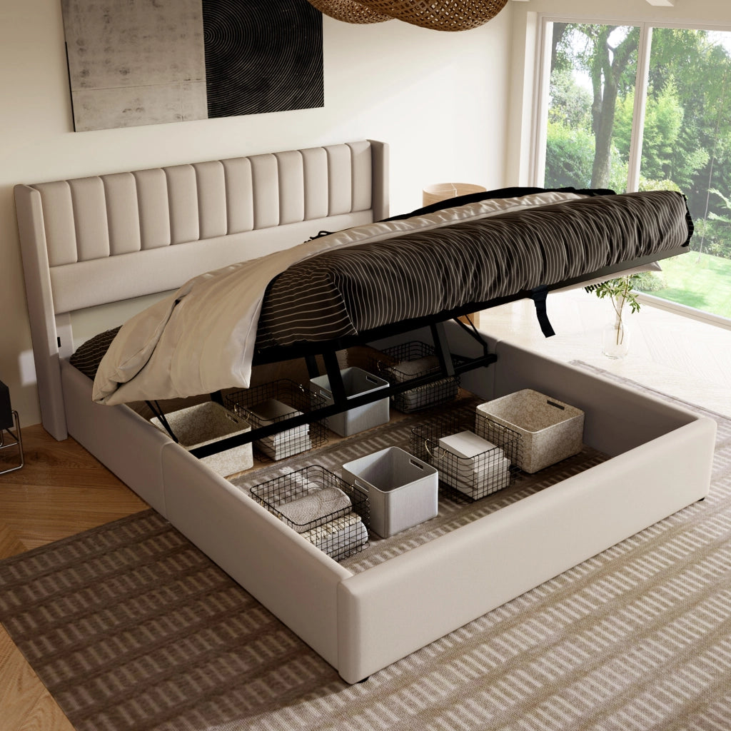 LETTO Contenitore idraulico 160x200 cm in lino Beige