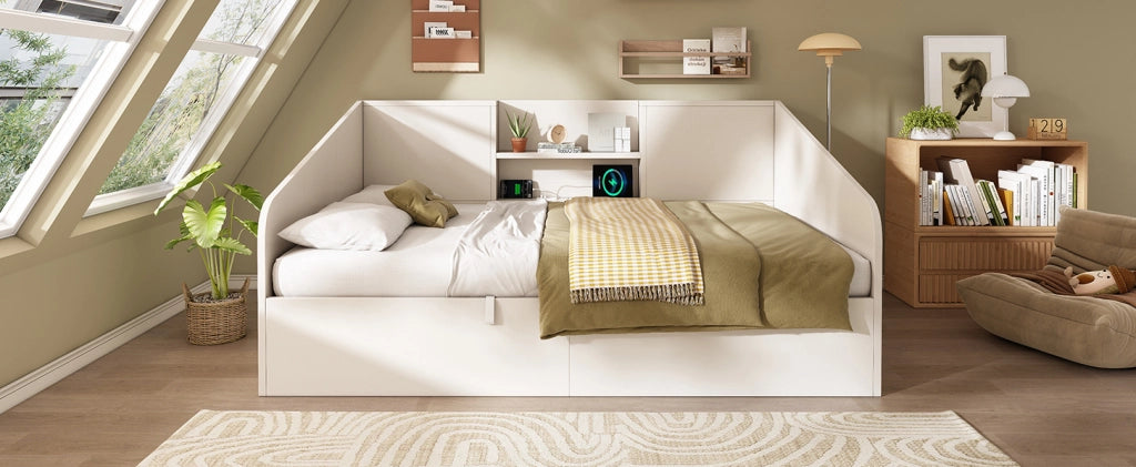 Letto 90x190 cm con contenitore idraulico e stazione di ricarica in legno bianco