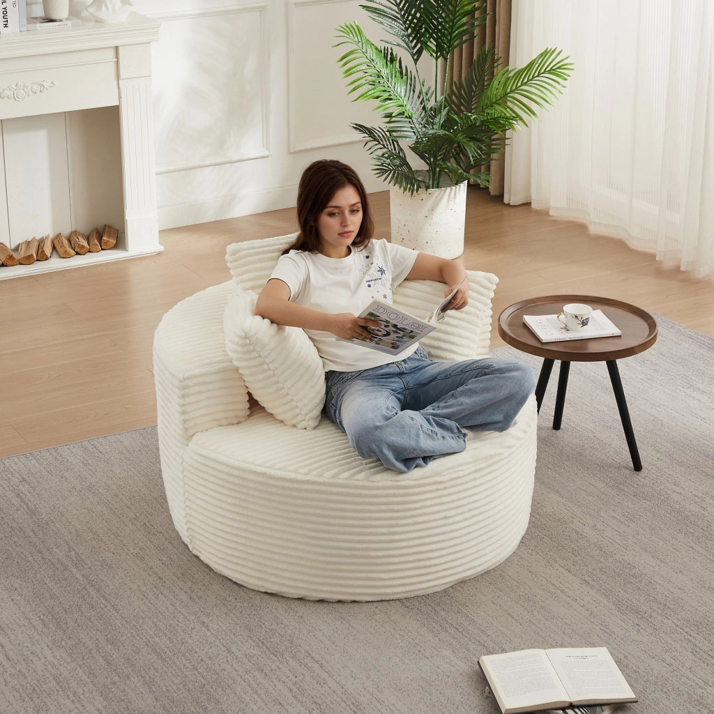 Poltrona a sacco, poltrona con braccioli, diametro 110 cm, velluto a coste, 3 cuscini, beige (non richiede assemblaggio)