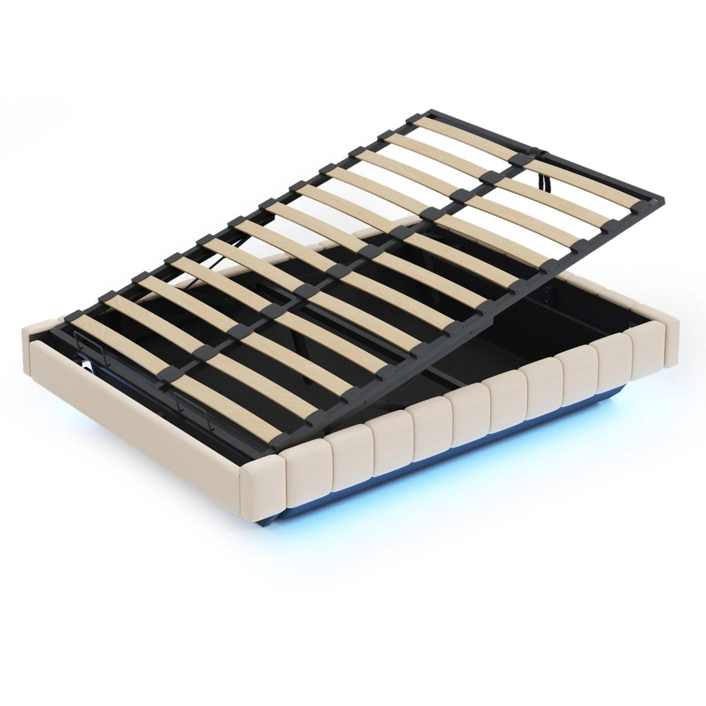 Letto imbottito 160x200 cm - Zephmum- Telaio idraulico con LED e spazio di archiviazione