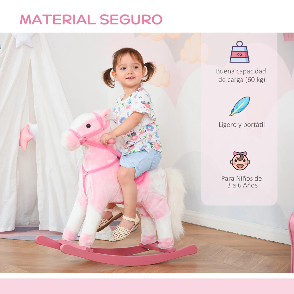 Cavallo a Dondolo Morbido per Bambini 3-6 Anni con Suono ¨C Minimal ¨C 74x28x65 cm Rosa