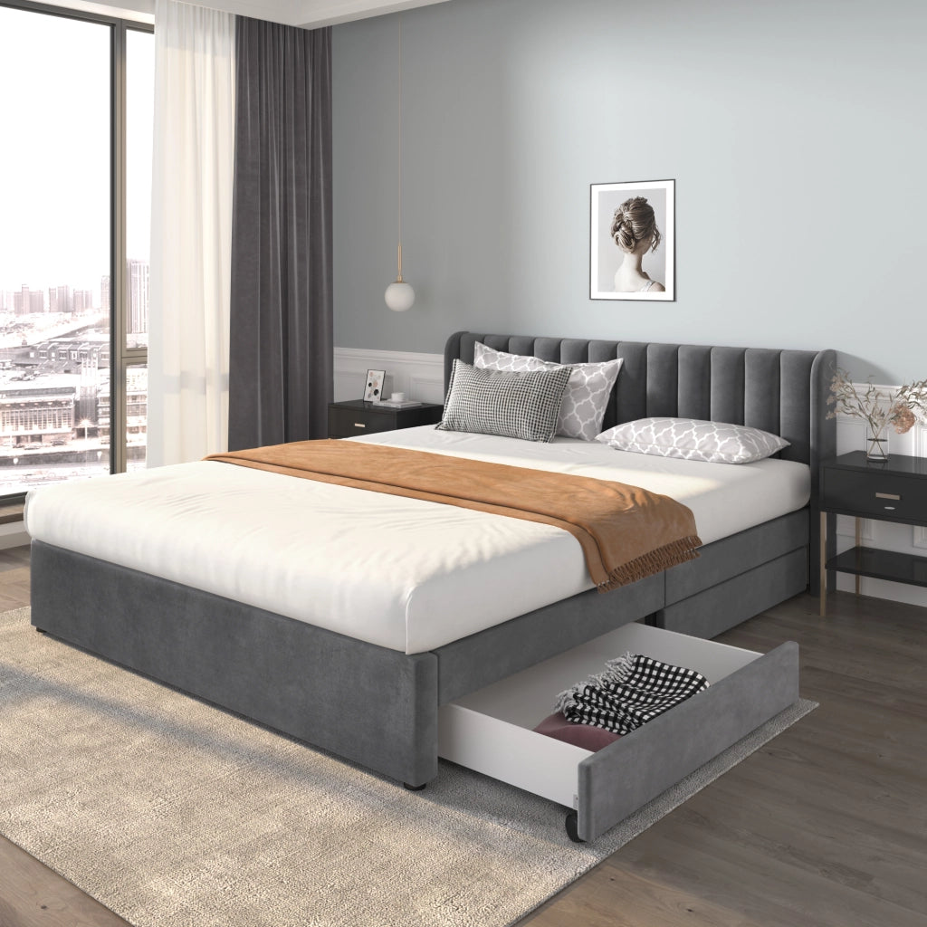LETTO 180x200 cm in velluto grigio con rete a doghe e 2 cassetti