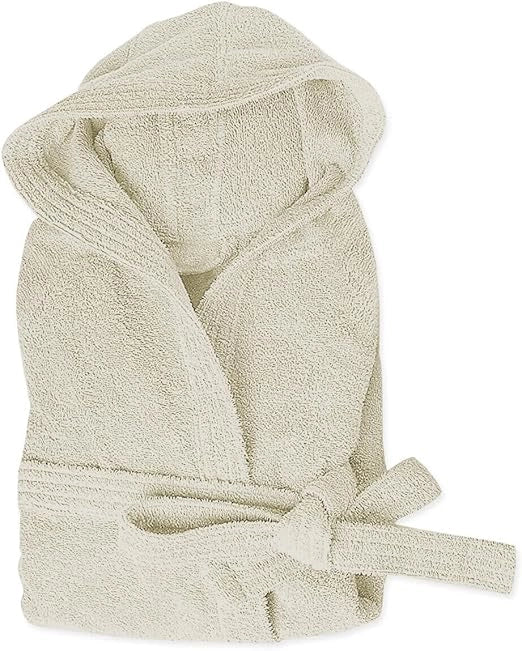 Accappatoio Spugna Cotone Taglia L Morbido Uomo Donna Cintura Tasche Cappuccio Panna