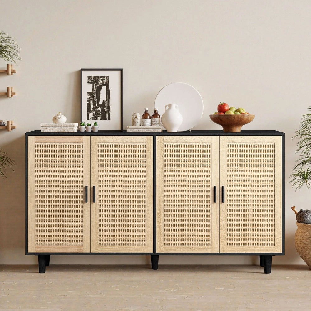 Armadio a 4 Ante in Rattan con Ripiani ¨C MINIMAL ¨C Nero, 158 cm