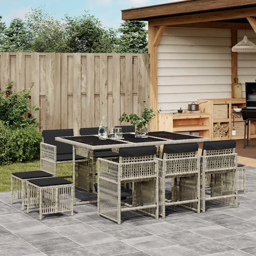 Set Pranzo Giardino 11pz con Cuscini Grigio Chiaro Polyrattan