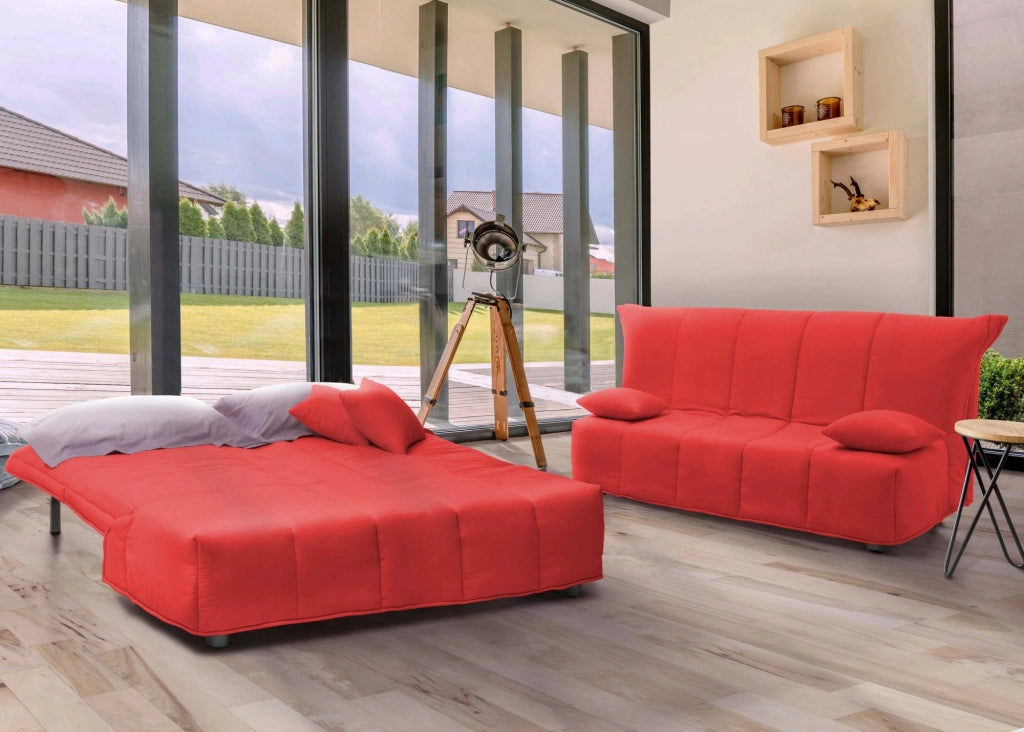 Divano Letto Antal, Divano a 3 posti, Made in Italy, Sofà\  Soggiorno con apertura a carrello con apertura a carrello, in tessuto imbottito, con cuscini inclusi, cm 165x90h85, colore Rosso