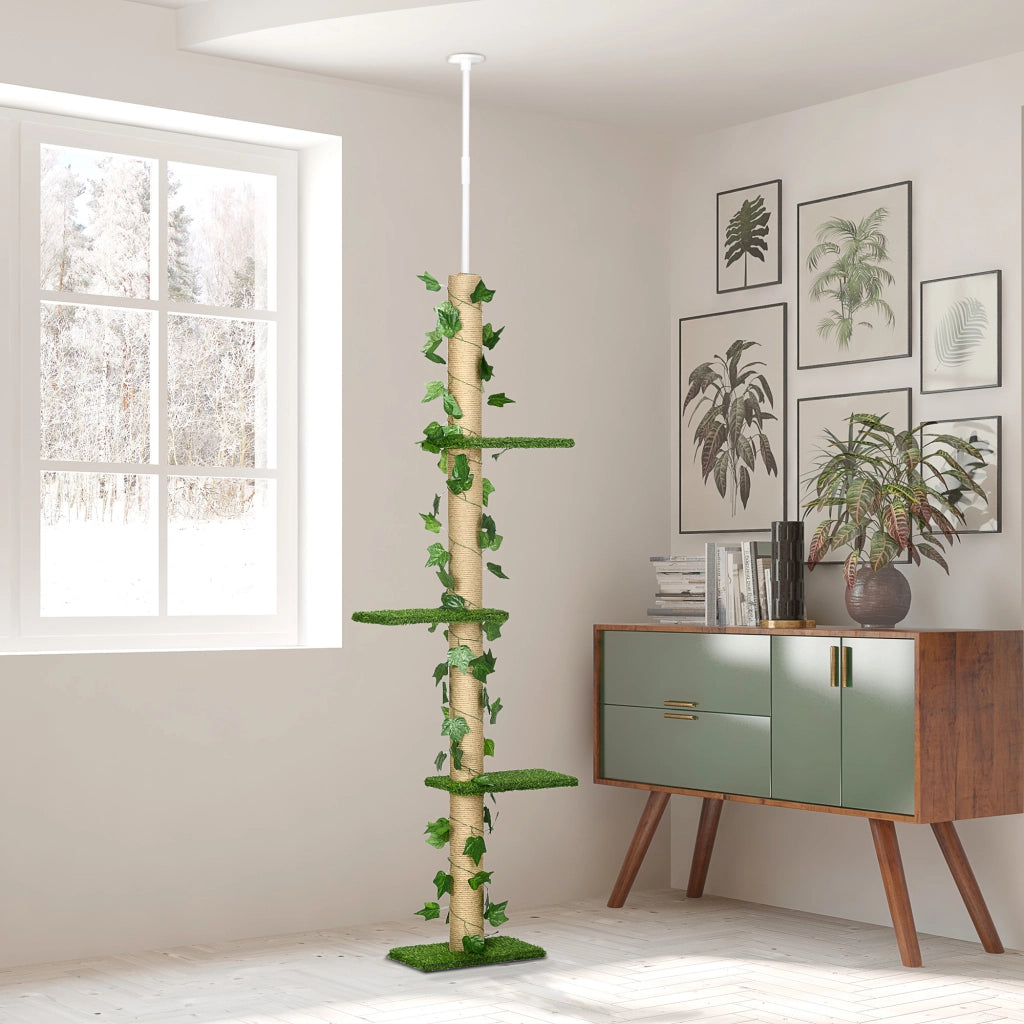 Albero tiragraffi da soffitto regolabile 202-242 cm con tiragraffi in juta e kit antiscivolo, verde