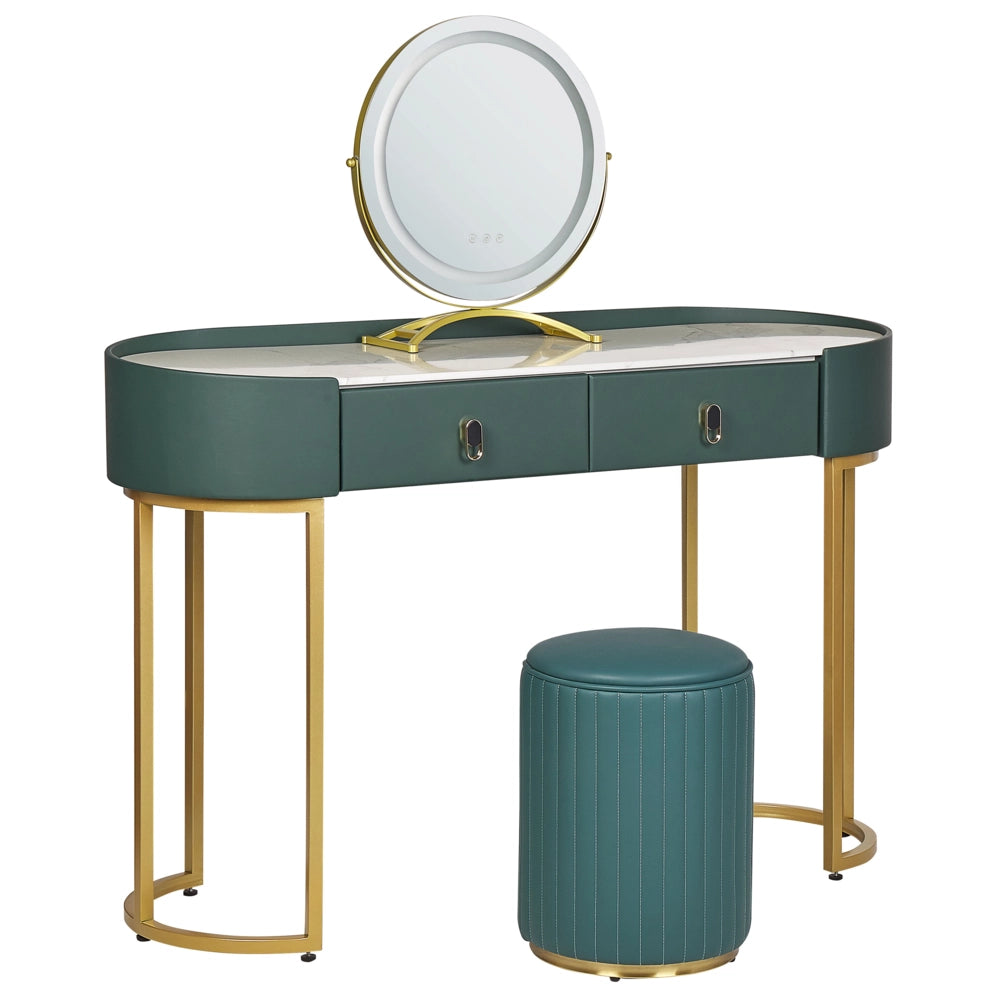 Toeletta con 2 cassetti specchio LED verde e oro con sgabello camera da letto elegante