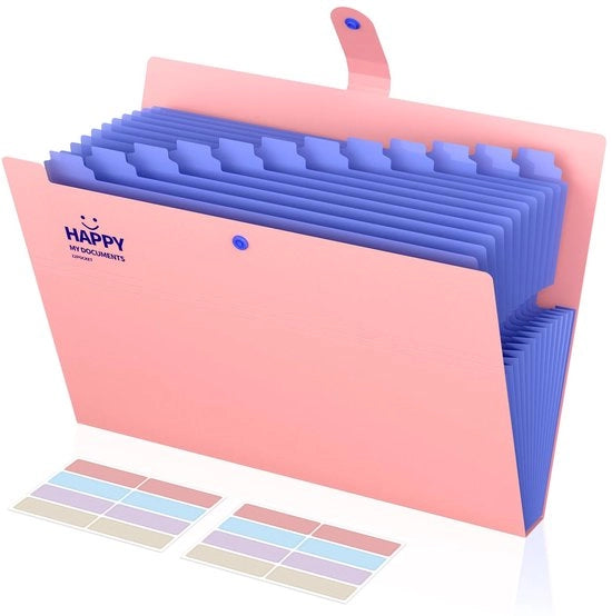 Documentario A4, cartellino portatile con 13 sezioni, organizzatore A4 pieghevole, grande cartellino portatile con pulsanti e schede, adatto per ufficio, scuola, casa - rosa