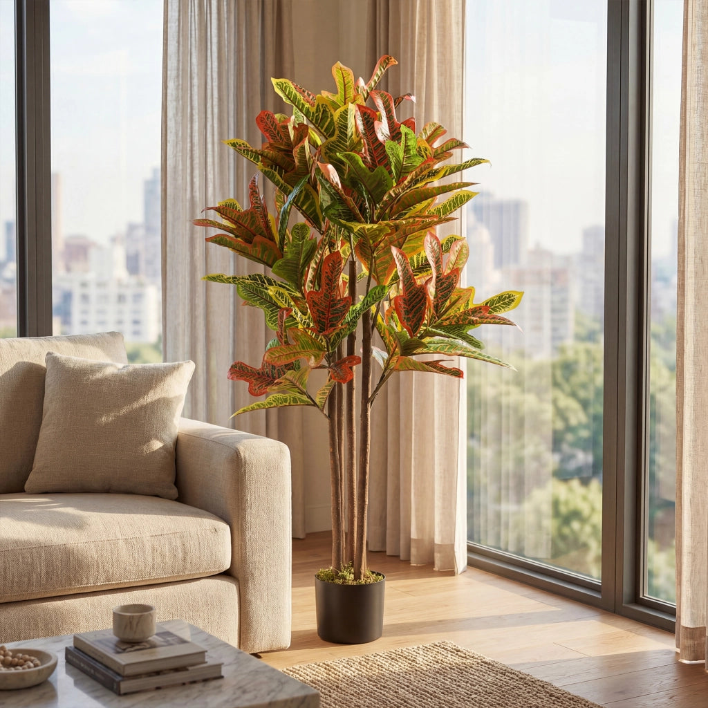 Pianta Artificiale Croton Multicolore ¨C Xylo ¨C PEVA e Legno con Vaso PP e Cemento 55x55x120cm