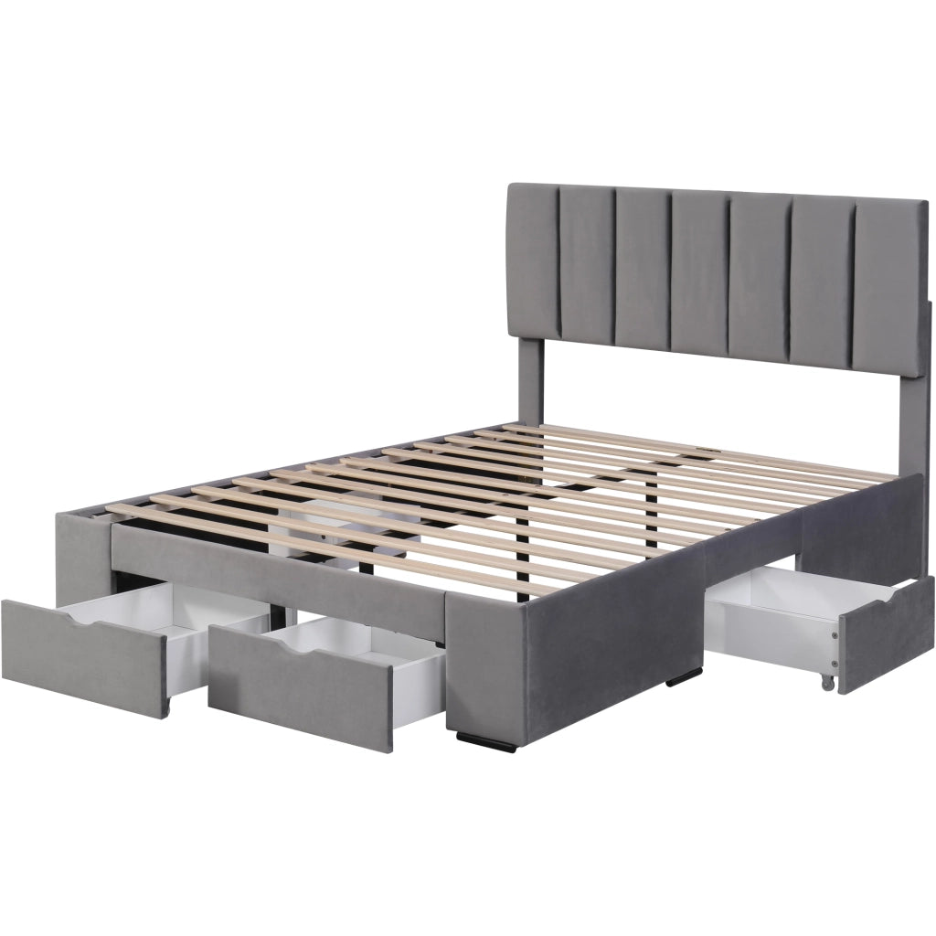 Letto imbottito 140x200 cm in velluto grigio con rete a doghe e 4 cassetti