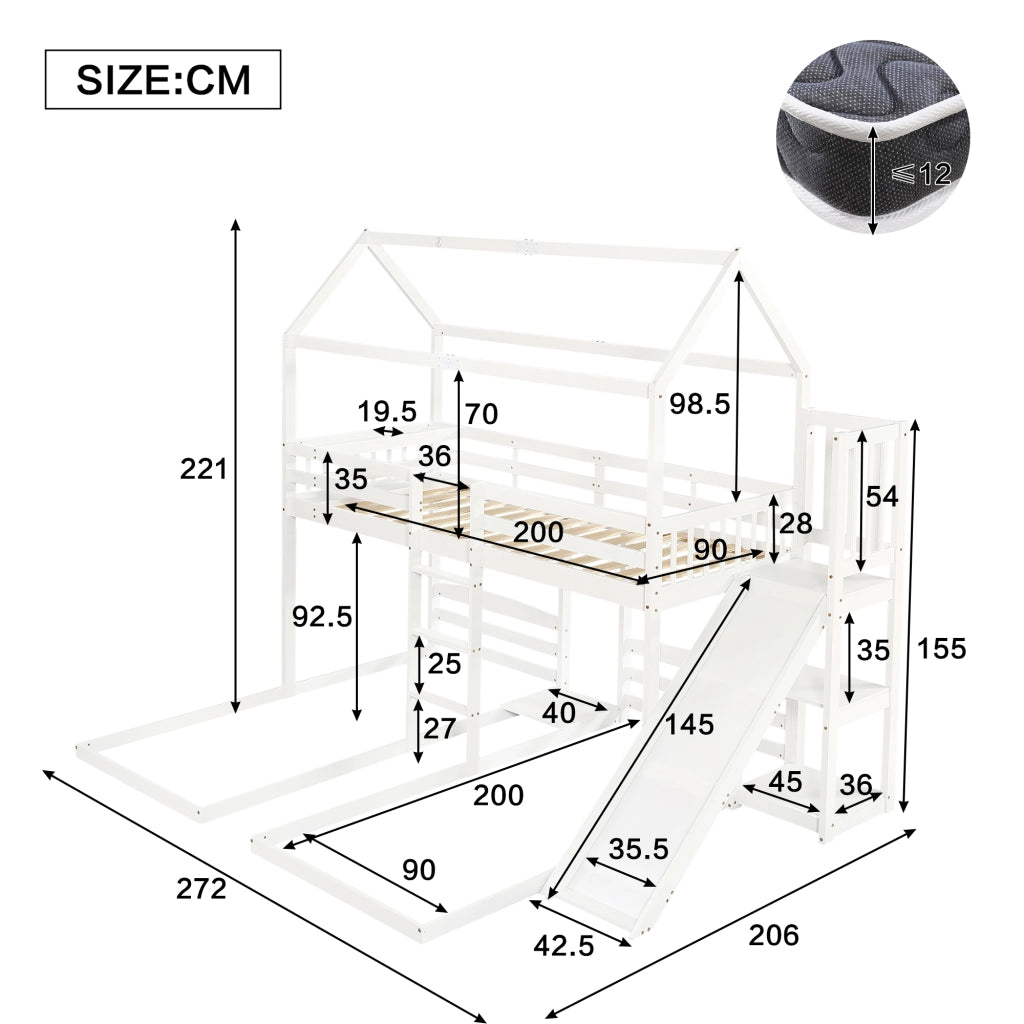 LETTO A CASTELLO CON SCIVOLO E SCALA 90x200 cm BIANCO 3 POSTI