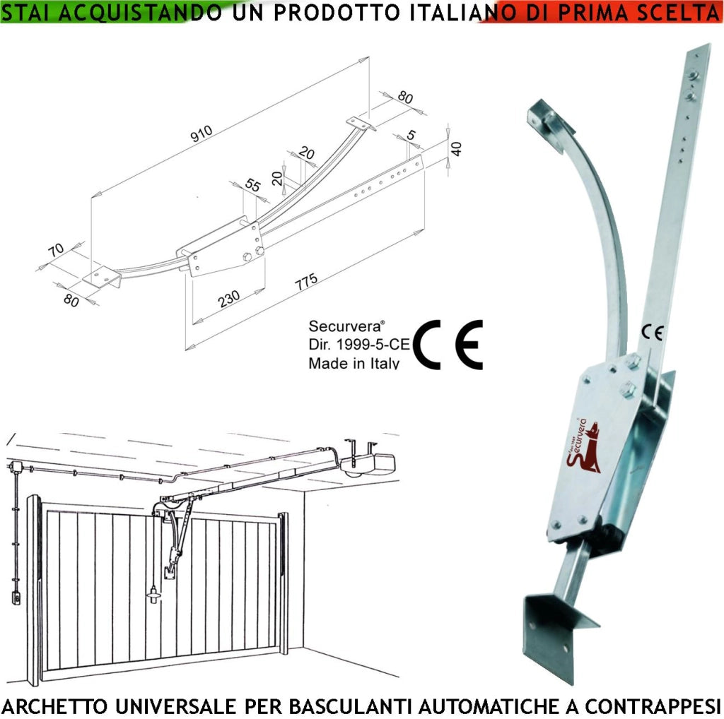 Archetto Porte Basculanti a Contrappesi Adattatore Braccio Oscillante Per Qualsiasi Marca e Tipo in Acciaio Zincato Sopporta Fino a 200 Kg Evita Oscillazioni e Flessioni Laterali Dimensioni L910XS80mm