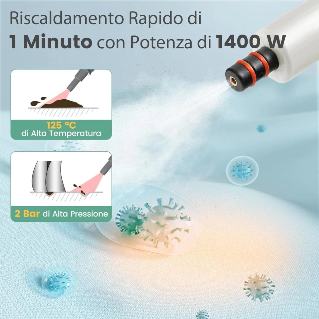 1500W Pulitore a Vapore Portatile, Macchina a Vapore con Serbatoio d'Acqua da 400 ml Blocco per Bambini e Kit di Accessori da 14 Pezzi, 33x13x24,5 cm (Grigio)