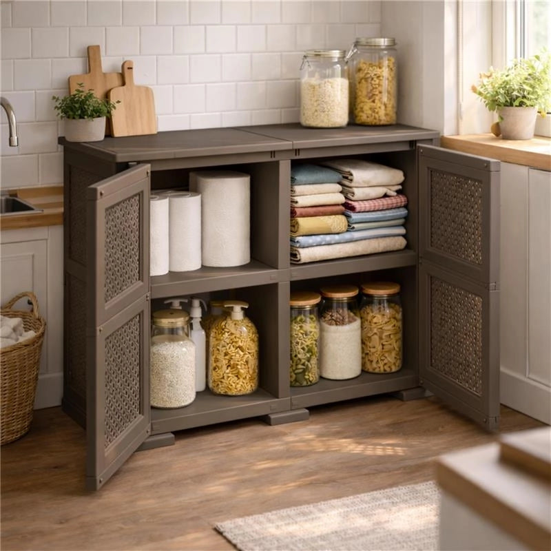 ARMADIO 2 MODULI CON ANTA TRAFORATA WENGÉ 79X43X85,5 CM – MOBILE CONTENITORE MULTIUSO PER SALOTTO E BALCONE